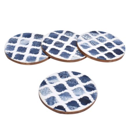 Wooden And Resin Blue Moroccan Pattern Coasters In Set Of 4